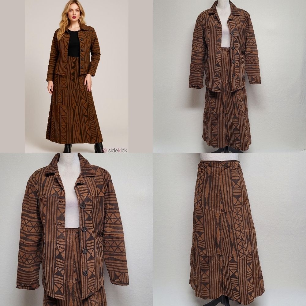 Robert Louis Vintage 90s Brown Patchwork Aztec Print Suede Leather Jacket Skirt